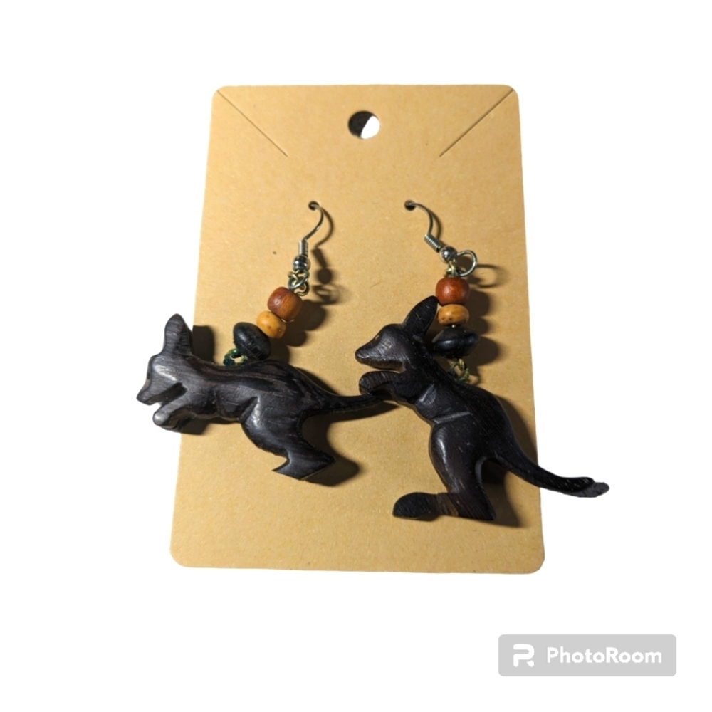 Wooden Kangaroo Earrings. Brown. 1 Pair. Handmade.